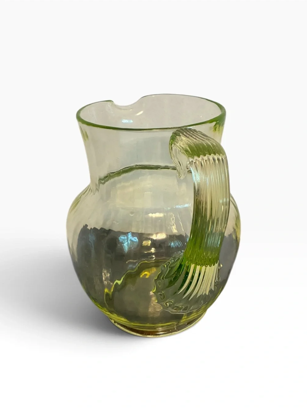 Vintage Pillar Optic Uranium Vaseline Glass Pitcher MCM Depression